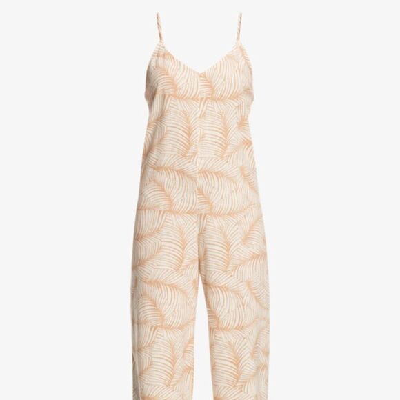Roxy Close to You Palm Print Tie Back Wide Leg Jumpsuit Women's Tan Size M NWT - Picture 5 of 8